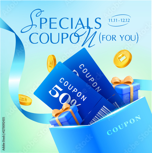 3d elegant coupons inside a gift box with golden coins and ribbons flying around, isolated on background. Elegant gift vouchers with coupon code, price off banner template in 3d vector. Vector