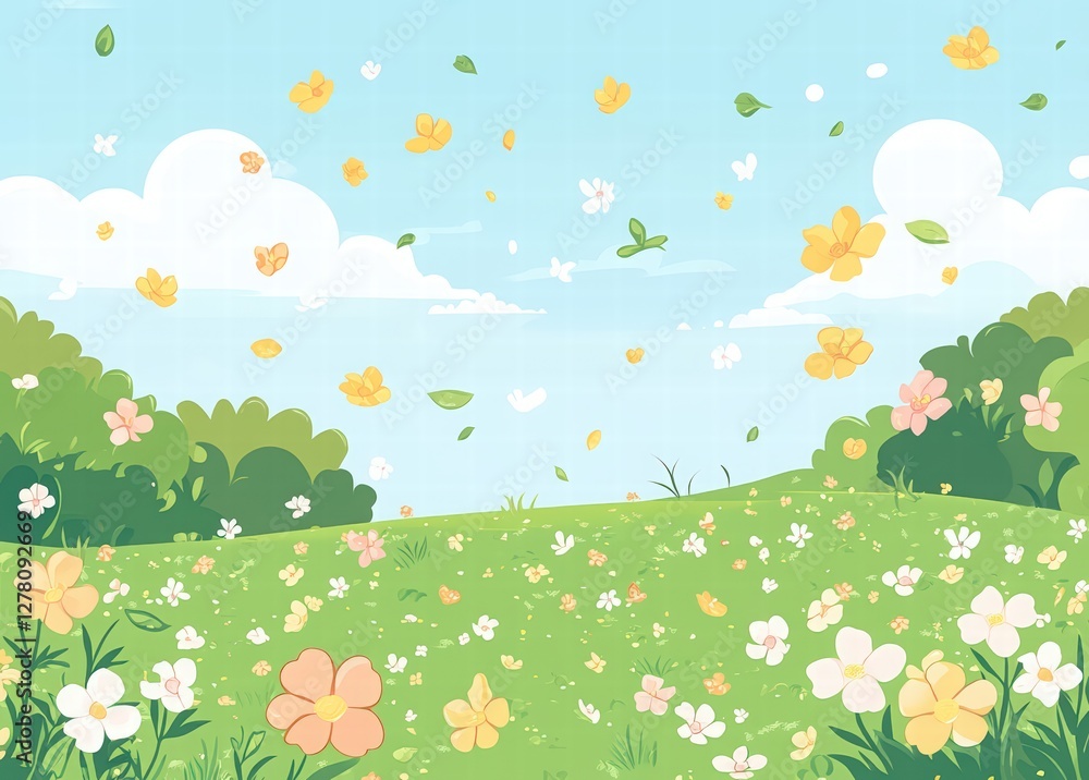 spring background with flowers and text Hello Spring. Hand-drawn illustration of cute flowers, leaves, and petals on a pastel-colored field spring background with flowers and text Hello Spring. Hand-drawn illustration of cute flowers, leaves, and petals on a pastel-colored field