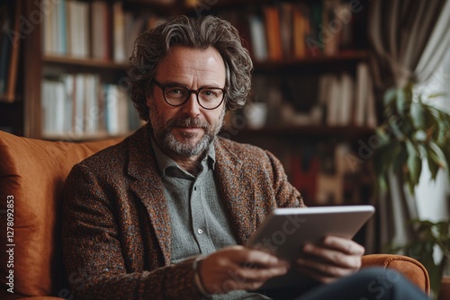 Middle aged man holding tablet looks towards camera happily photo