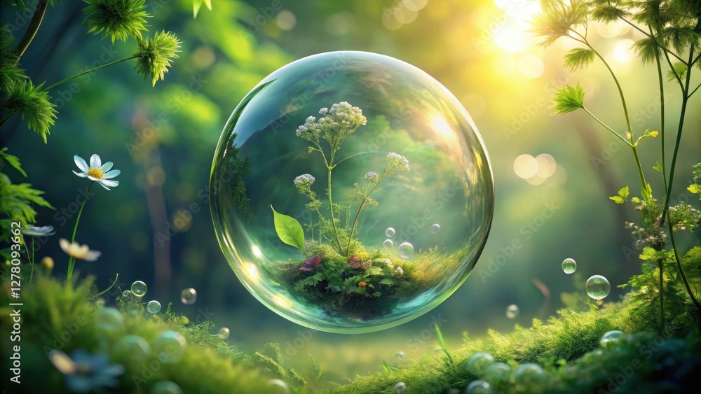 Enchanted Sphere of Flora A Delicate Ecosystem Enclosed Within a Crystal Orb, Nestled Amidst Lush Greenery and Sparkling Bubbles in a Sunlit Forest Enchanted Sphere of Flora A Delicate Ecosystem Enclosed Within a Crystal Orb, Nestled Amidst Lush Greenery and Sparkling Bubbles in a Sunlit Forest