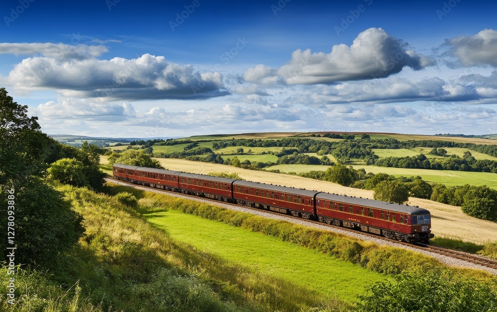A maroon passenger train glides through a picturesque green valley under a partly cloudy sky. A maroon passenger train glides through a picturesque green valley under a partly cloudy sky.