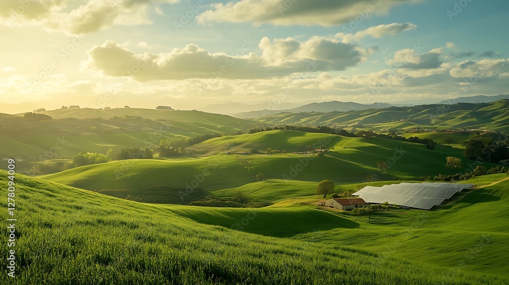 Fototapeta premium Rolling Green Hills Landscape with Solar Panels and Warm Sunset Glow