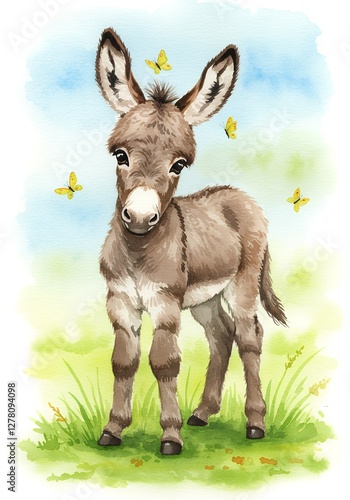 Cute Watercolor Donkey in a Field with Butterflies