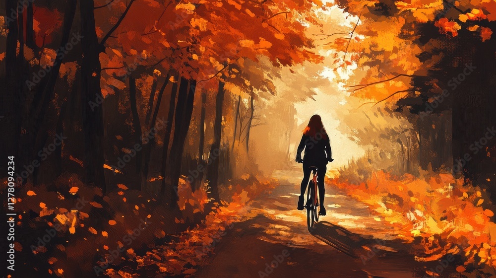Fototapeta premium Woman Riding Bicycle in Autumn Forest with Golden Leaves Glow