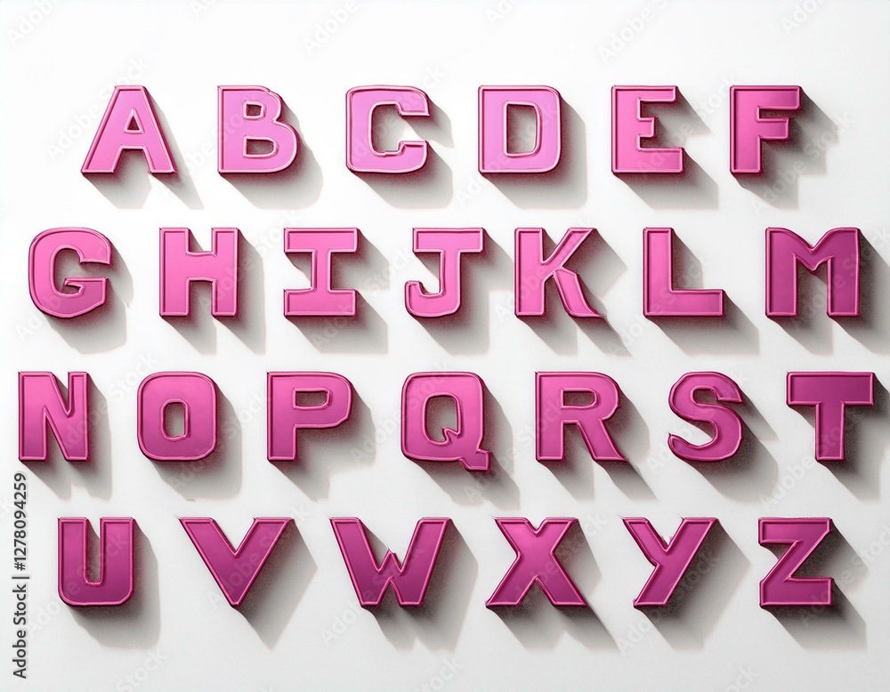 3D font, full alphabet. Pink letters on white background, simple design 3D font, full alphabet. Pink letters on white background, simple design