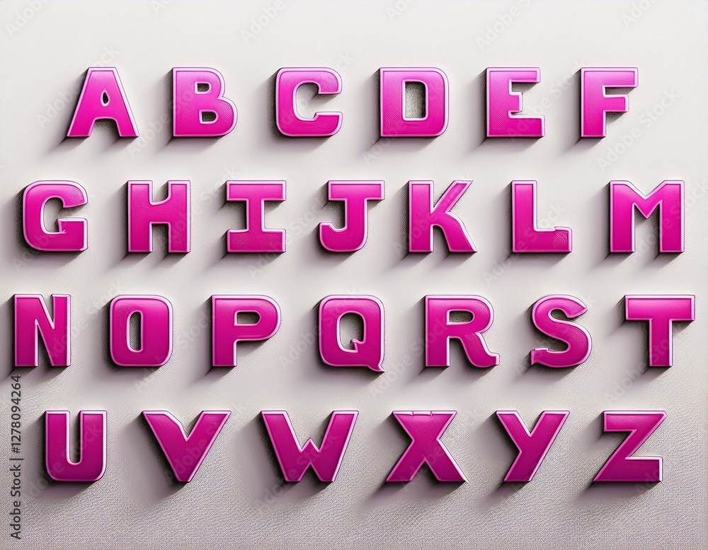 3D font, full alphabet. Pink letters on white background, simple design 3D font, full alphabet. Pink letters on white background, simple design