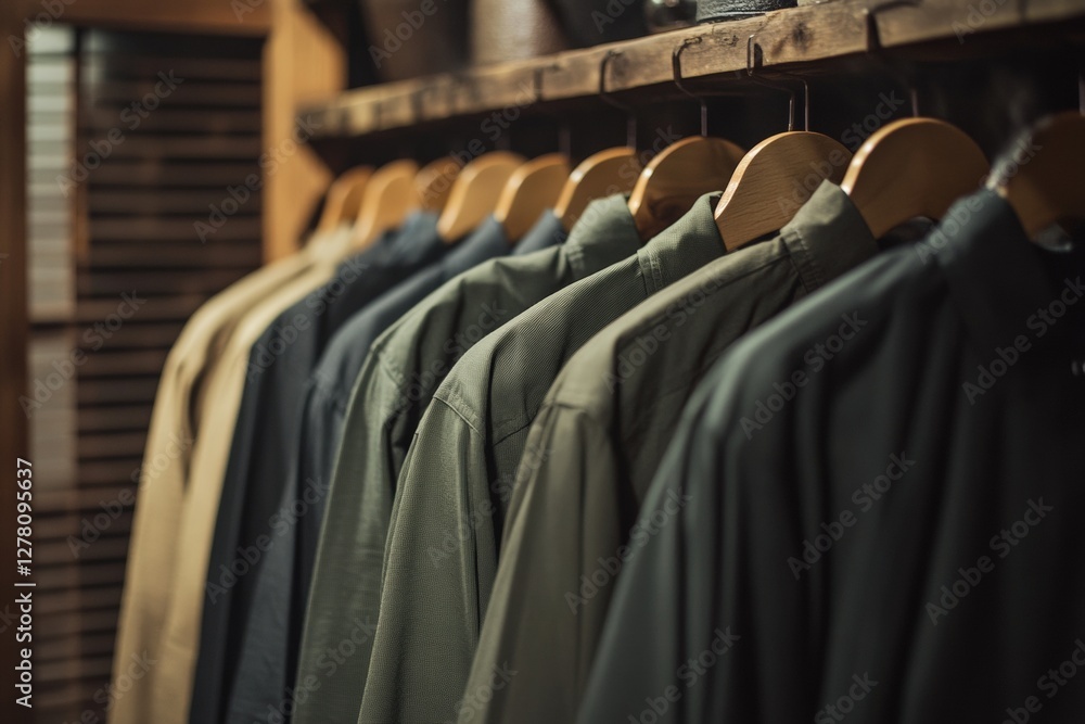 Obraz premium Neatly pressed shirts displayed on wooden hangers in a warm setting. Generative AI