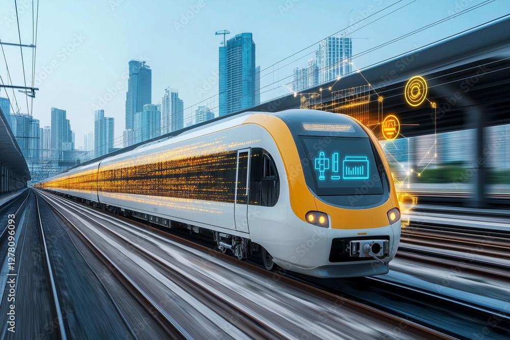 Naklejka premium Concept of an e train with virtual icons computer