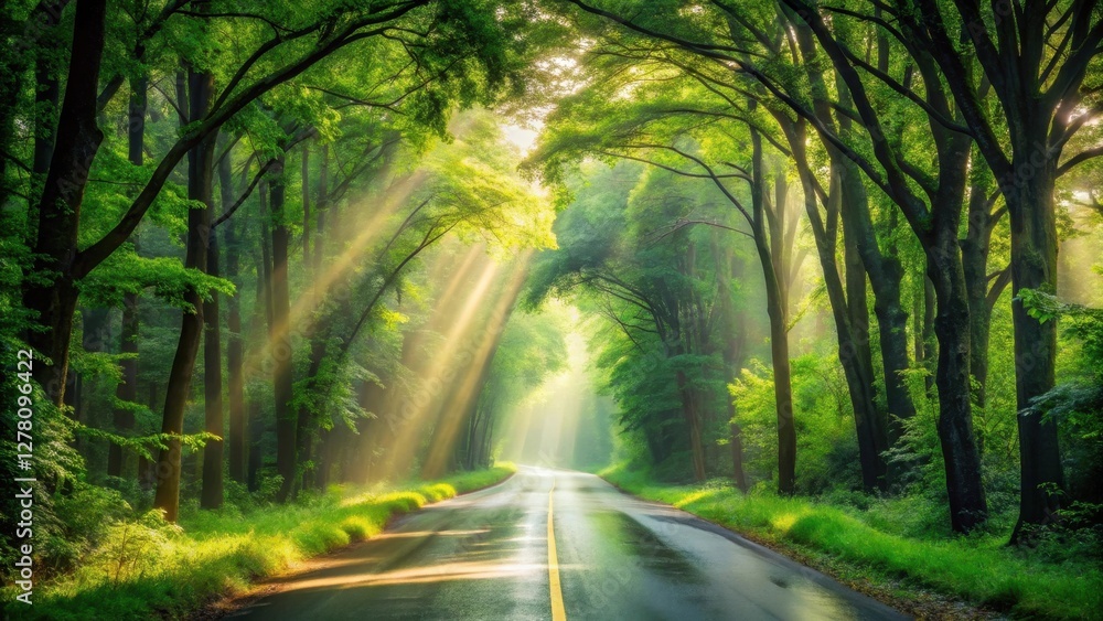 Obraz premium Sunbeams Illuminate a Serene Forest Road, Casting a Magical Glow on Lush Greenery and Wet Asphalt