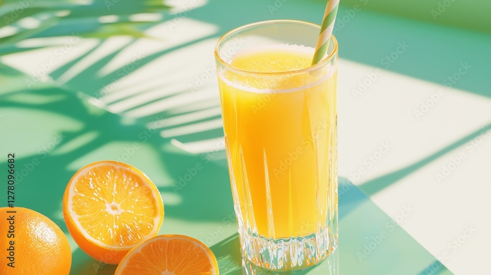 A vibrant glass of orange juice, with condensation on the glass, freshly cut oranges, and a striped straw, set against a tropical green backdrop. A vibrant glass of orange juice, with condensation on the glass, freshly cut oranges, and a striped straw, set against a tropical green backdrop.