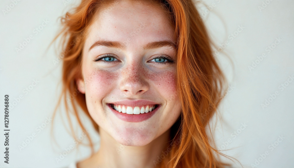 A close-up of a smiling red-haired woman with freckles against a bright white background.
A close-up of a smiling red-haired woman with freckles against a bright white background.