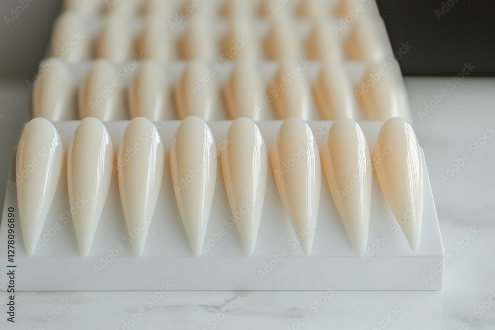 Perfectly shaped nail extensions displayed on a white tray. Generative AI Perfectly shaped nail extensions displayed on a white tray. Generative AI