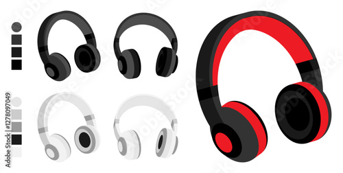Isometric wireless over ear headphones with comfortable ear pads and soft headband. Portable gadget for playing music. Easy editable color. 3D vector isolated on white background