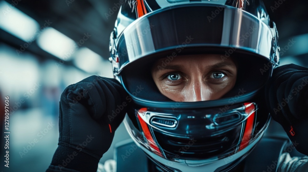 A close-up of a drag racer adjusting their helmet and preparing for a race. Featuring concentration and readiness A close-up of a drag racer adjusting their helmet and preparing for a race. Featuring concentration and readiness