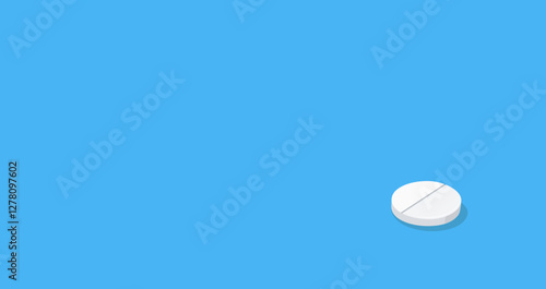 This features a single round white tablet with a bisecting line, placed on a blue background. The design is clean and minimalistic.