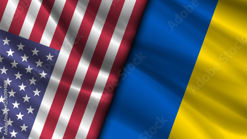 Vector political and economic poster. Wavy national flags of United States of America and Ukraine. American and Ukrainian symbols