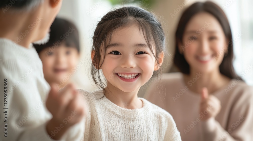 A photo of a happy Asian family dancing in the living room. The room features a white sofa and carpet, light gray walls, and natural lighting. A photo of a happy Asian family dancing in the living room. The room features a white sofa and carpet, light gray walls, and natural lighting.