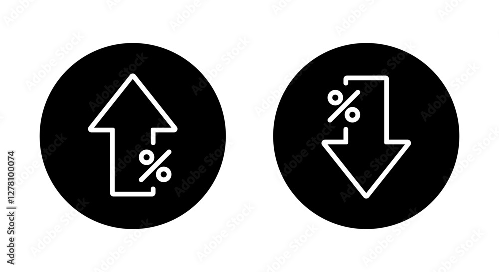 Up and down arrow percent outline icon on black circle. Lower and higher price sign symbol Up and down arrow percent outline icon on black circle. Lower and higher price sign symbol