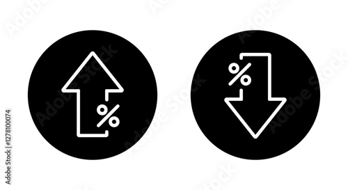 Up and down arrow percent outline icon on black circle. Lower and higher price sign symbol