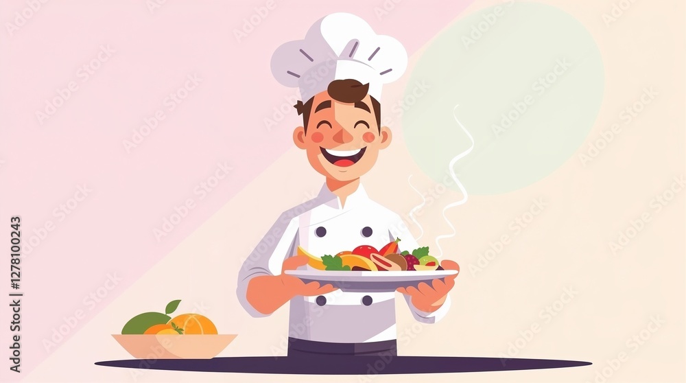 Happy cartoon chef presenting a plate of fresh food. culinary techniques, chef's work, gastronomic ideas, culinary blog, chef and fresh ingredients, signature dishes from a chef, culinary art, Happy cartoon chef presenting a plate of fresh food. culinary techniques, chef's work, gastronomic ideas, culinary blog, chef and fresh ingredients, signature dishes from a chef, culinary art,
