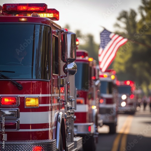 Firetrucks Parade, American Flag Background