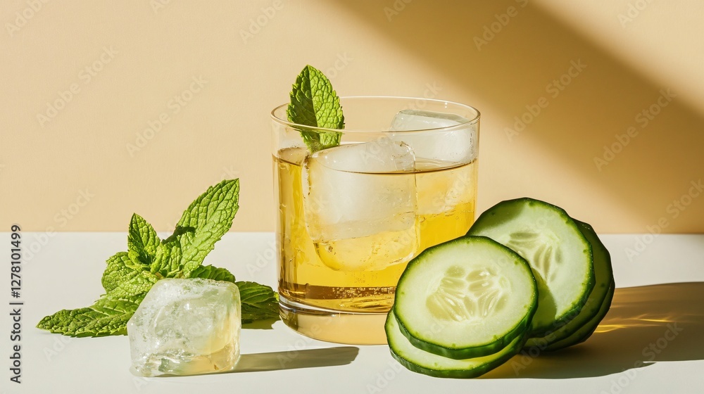 Fototapeta premium A minimalist still life of a sliced cucumber, fresh mint, and ice cubes, artistically arranged beside a transparent glass of iced tea