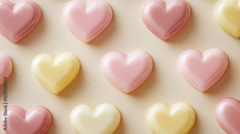 Pink and Yellow Heart Shaped Candies on Beige Background Pink and Yellow Heart Shaped Candies on Beige Background