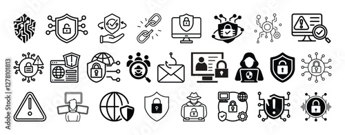 Cybersecurity,firewalls,encrytion,hacking,biometric security icon set design.