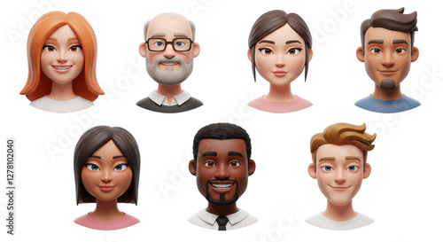 3D illustration of smiling people close up portraits set. Cute cartoon business men and women avatars, multi ethnic male and female characters faces, isolated on white