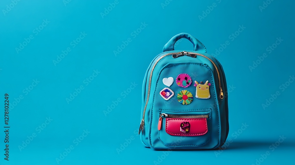 Miniature backpack with zippers and cute patches on blue background Miniature backpack with zippers and cute patches on blue background
