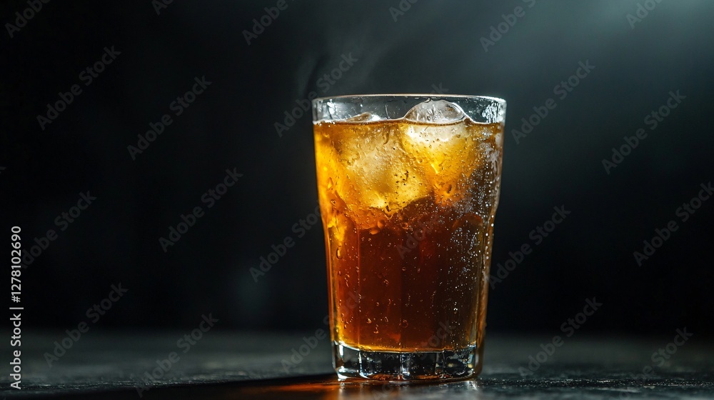 A moody dark background with a single spotlight illuminating a glass of iced tea, emphasizing texture and condensation on the glass A moody dark background with a single spotlight illuminating a glass of iced tea, emphasizing texture and condensation on the glass