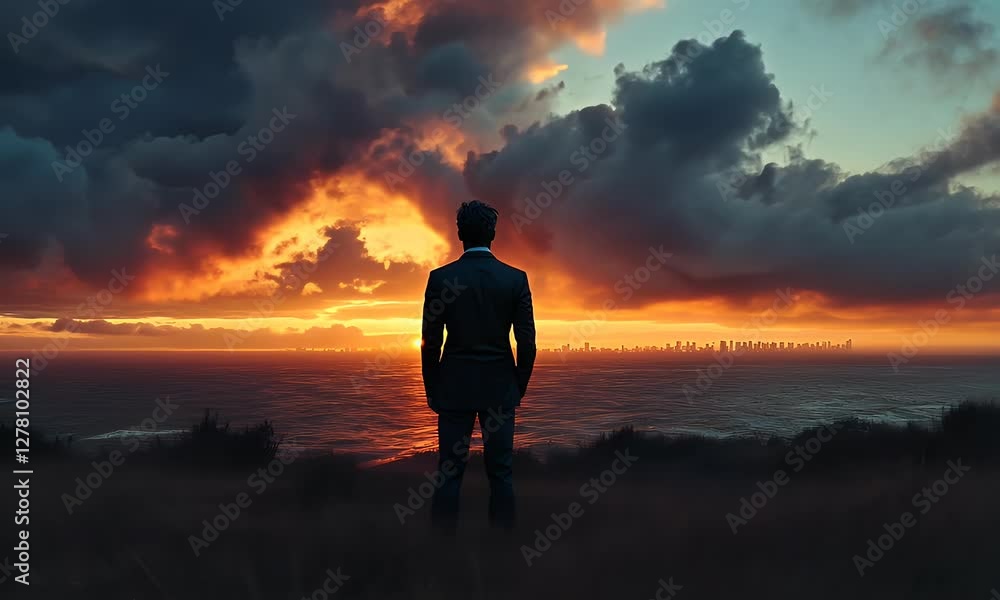 Man sunset city ocean success ambition future Man sunset city ocean success ambition future
