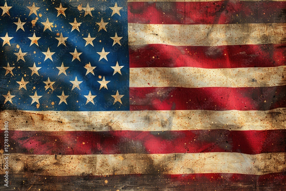 A weathered American flag, showing age and wear, with rich colors and texture.