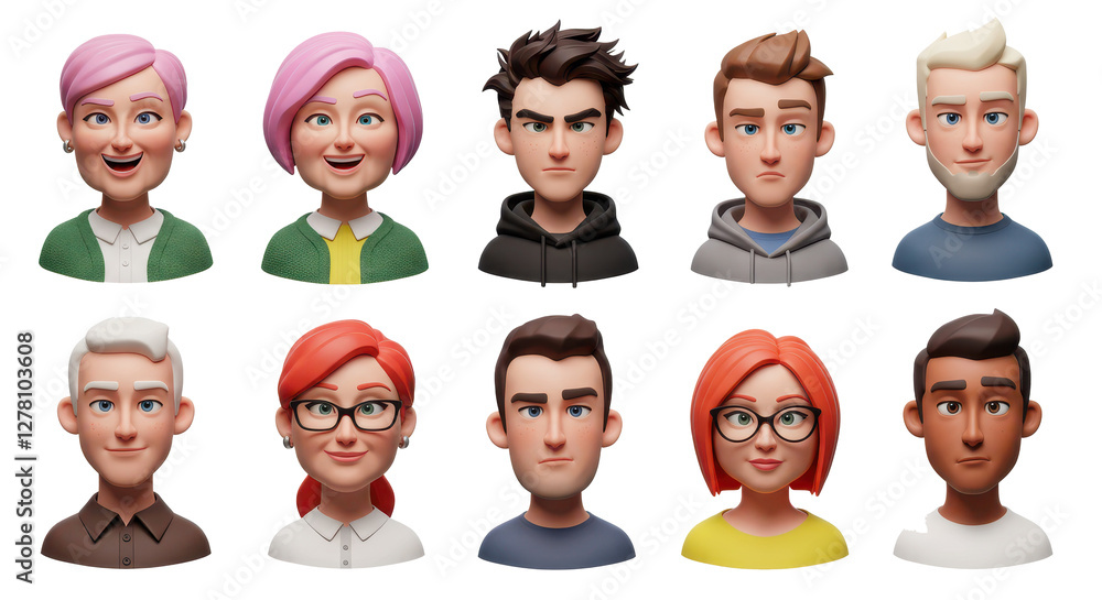 3D illustration of smiling people close up portraits set. Cute cartoon business men and women avatars, multi ethnic male and female characters faces, isolated on white 3D illustration of smiling people close up portraits set. Cute cartoon business men and women avatars, multi ethnic male and female characters faces, isolated on white