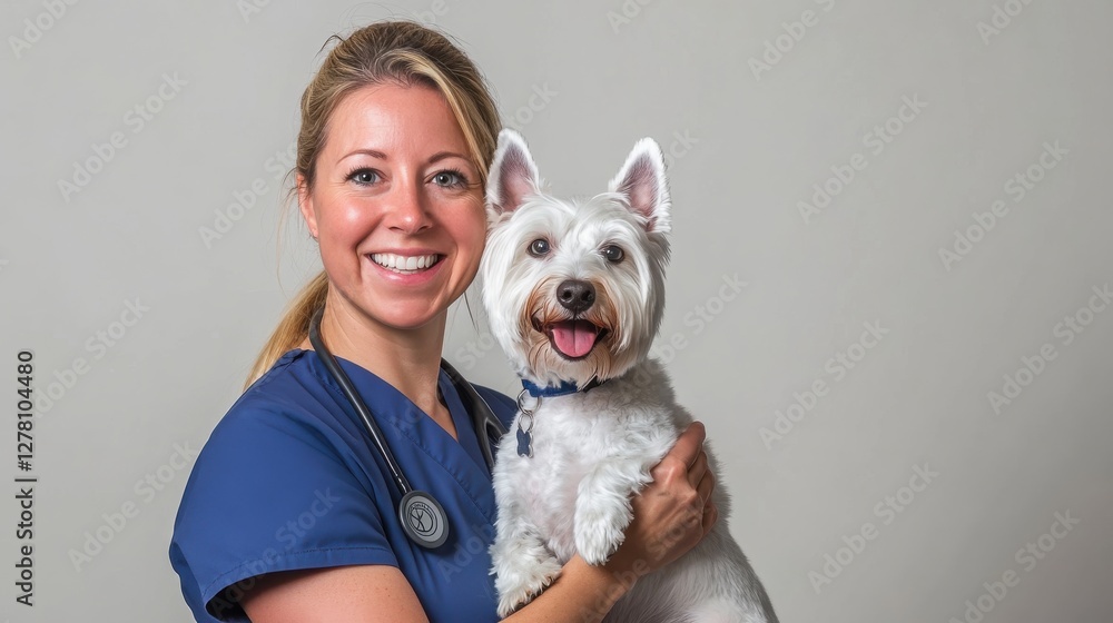 A studio portrait of a female doctor in blue scrubs, smiling and holding up her white West Highland Terrier dog on an isolated white background, with copy space for design A studio portrait of a female doctor in blue scrubs, smiling and holding up her white West Highland Terrier dog on an isolated white background, with copy space for design