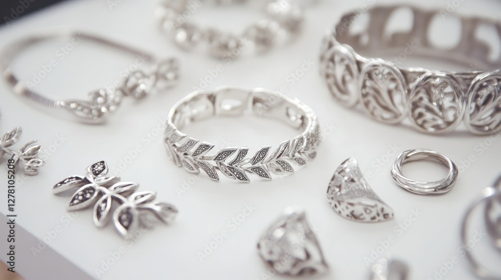 Silver jewelry display on white background, Silver product made by tribal people in Thailand Silver jewelry display on white background, Silver product made by tribal people in Thailand