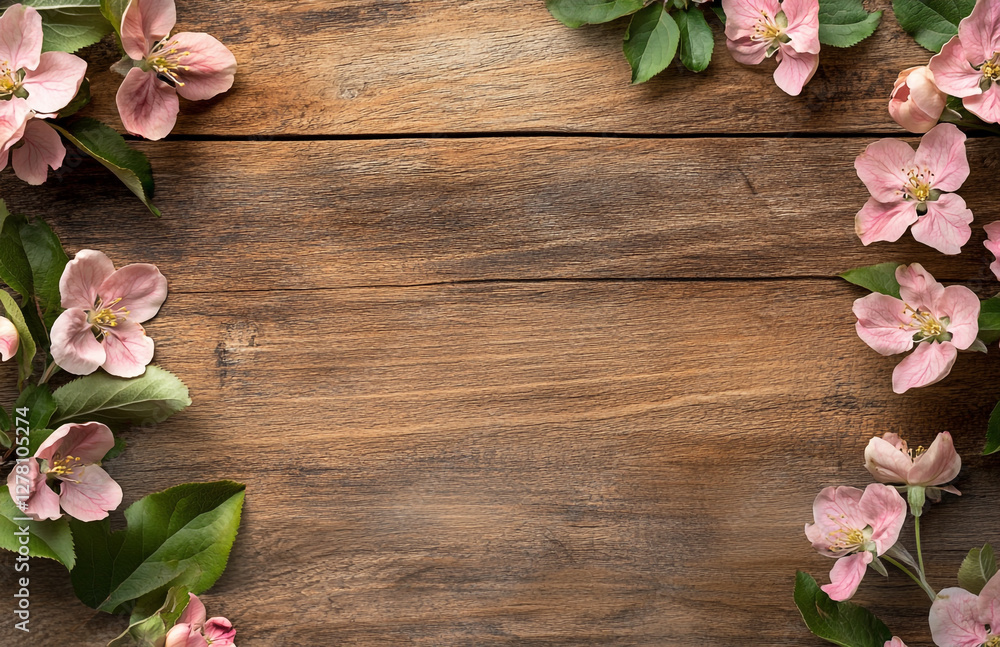 A wooden surface framed by white and pink apple blossoms and green leaves, creating a natural and rustic border. A wooden surface framed by white and pink apple blossoms and green leaves, creating a natural and rustic border.