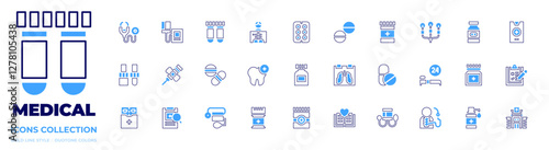 Medical icon collection. Bold line style. Duotone colors. book, dental care, medical app, x ray, medical check, medical report, hospital, bed, suture, pills, stethoscope, dropper.
