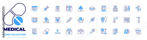 Medical icon collection. Bold line style. Duotone colors. medical report, medical book, medication, medical, x ray, medical care, clipboard, first aid box, tomography, tooth, sphygmomanometer, cannula