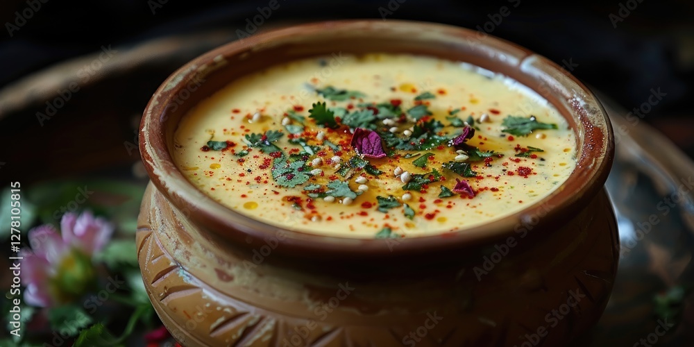 A bowl of soup filled with spices, herbs, and garnishes sits on a wooden surface, showcasing vibrant colors and textures A bowl of soup filled with spices, herbs, and garnishes sits on a wooden surface, showcasing vibrant colors and textures