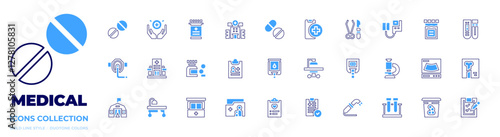 Medical icon collection. Bold line style. Duotone colors. microscope, test tube, medical history, medical report, medical test, x ray, medication, medical service, medical app, surgery tools, health