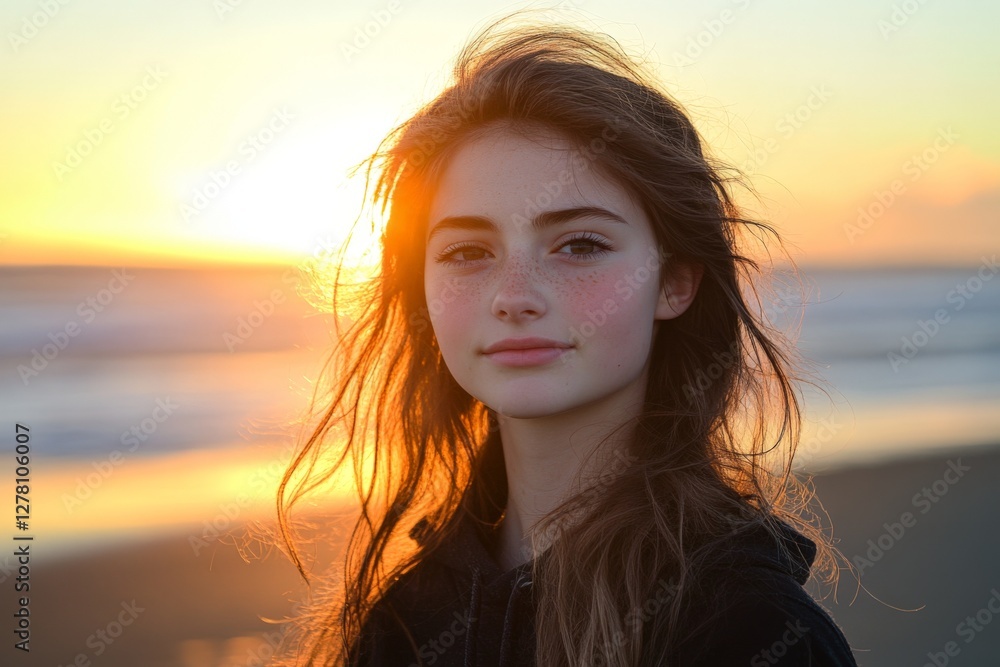 Sunset portrait of a young girl with flowing hair on the beach capturing a serene moment at dusk