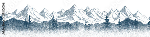Vector sketch, mountains and forest, imitation of a pencil drawing	