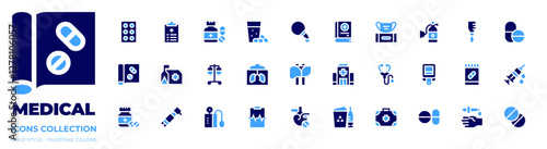 Medical icon collection. Bold style. Duotone colors. hospital, x rays, biomedical waste, health report, medical book, cardiogram, medicines, oxygen tank, syringe, pills, diabetes, pill, eye drops