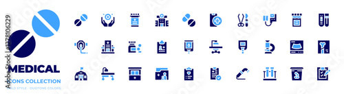 Medical icon collection. Bold style. Duotone colors. microscope, test tube, medical history, medical report, medical test, x ray, medication, medical service, medical app, surgery tools, health