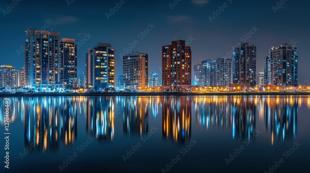 Fototapeta premium Stunning Night Cityscape Reflection of Tall Buildings and Lights