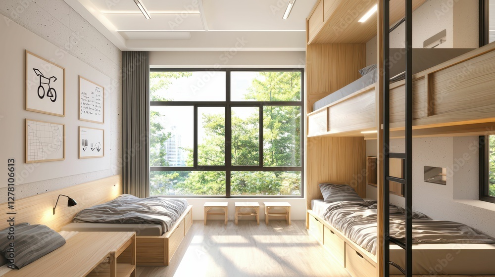Fototapeta premium Modern and Cozy Bedroom with Bunk Bed and Natural Light