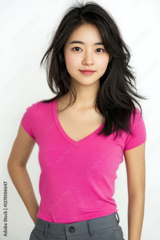 A young Chinese woman, wearing a pink top and gray pants, dressed fashionably, 25 years old, with shoulder length hair, real photo, facing the camera, photographic work, white background. A young Chinese woman, wearing a pink top and gray pants, dressed fashionably, 25 years old, with shoulder length hair, real photo, facing the camera, photographic work, white background.