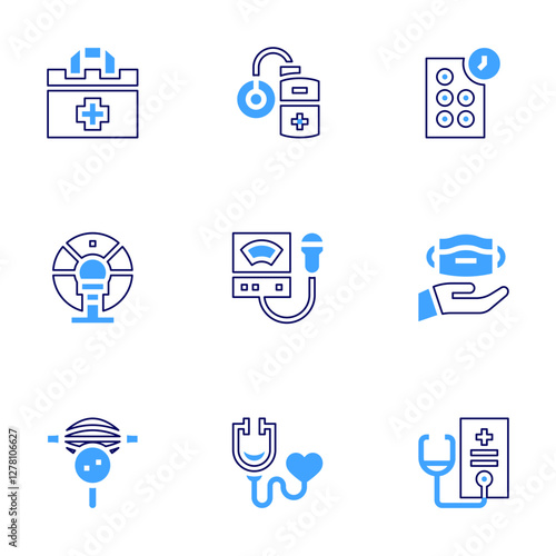 Medical icon set. Bold line style. Duotone colors. Editable stroke. insulin, sonographer, medical care, medicine, medical mask, medical report, first aid kit, mri, muscle
