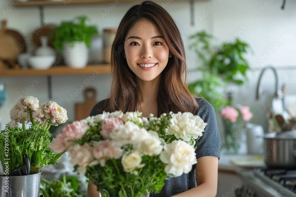Beautiful woman holding flowers with lovely smile and good lighting Beautiful woman holding flowers with lovely smile and good lighting